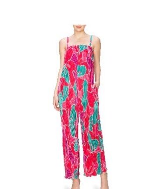 MELLODAY
Plissé Jumpsuit Sleeveless Pink & Teal Printed Wide-Leg Jumpsuit